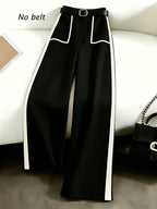 Grey Autumn and Winter Business Casual Wide Leg Straight Leg Pants, Stylish and Elegant Splicing Design, Loose Commuting Multi-purpose Pants, Suitable for Wearing in Spring and Autumn Seasons, Elastic Back Waist Casual Multifunctional Pants - Black