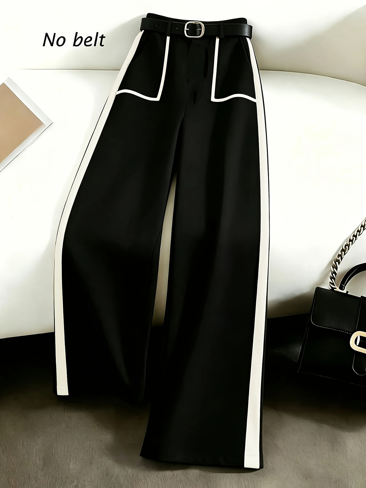 Grey Autumn and Winter Business Casual Wide Leg Straight Leg Pants, Stylish and Elegant Splicing Design, Loose Commuting Multi-purpose Pants, Suitable for Wearing in Spring and Autumn Seasons, Elastic Back Waist Casual Multifunctional Pants - Black