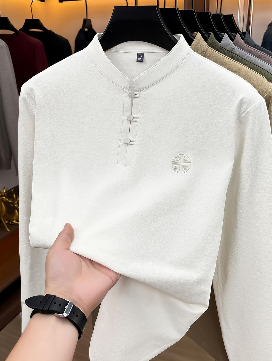 Men's Long-Sleeve T-Shirt with Chinese-Style Stand-Up Collar and Three Buttons, Spring/Autumn Fit Style Casual Base Layer Top - Off-white