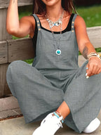 Women's Vacation Wide-Leg Jumpsuit - Sleeveless with Adjustable Buckle Straps, Pockets Included, Machine Washable, Solid Color - Grey