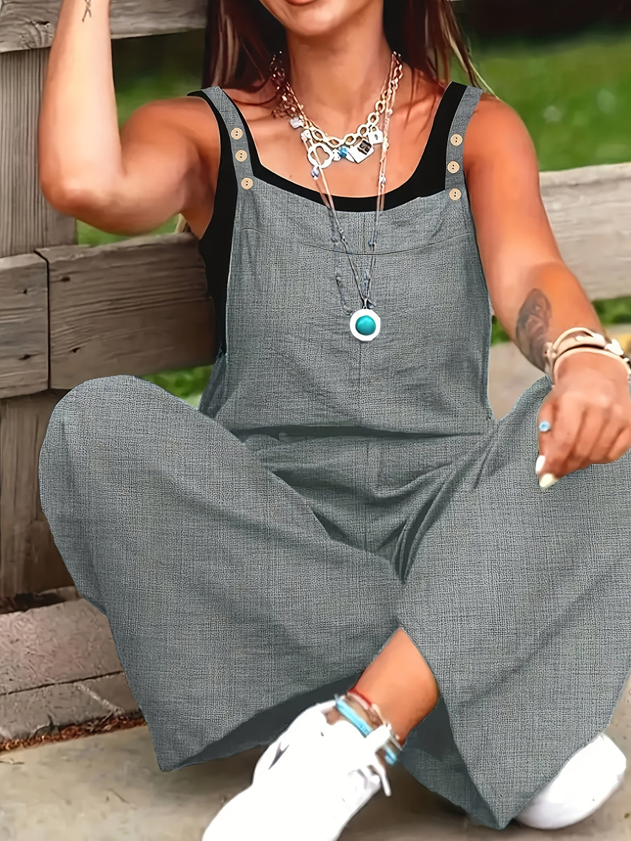 Women's Vacation Wide-Leg Jumpsuit - Sleeveless with Adjustable Buckle Straps, Pockets Included, Machine Washable, Solid Color - Grey