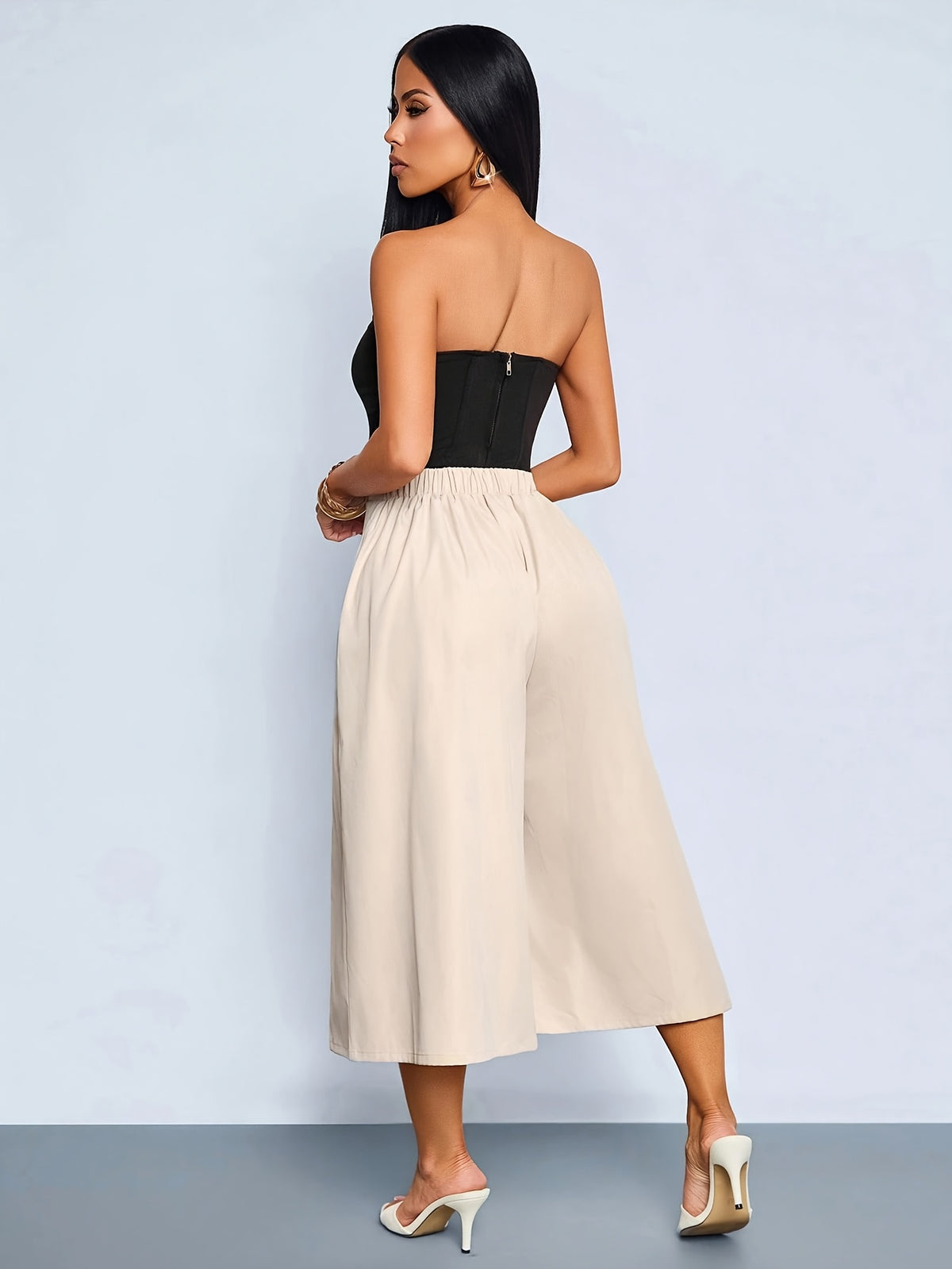 Women's High-Waist Culottes with Pockets, Pleated Wide-Leg Shorts, Casual Fashion Summer Work Pants, Serene Luxury Culottes with Pockets, High-Waist Pleated Wide-Leg Shorts - Apricot