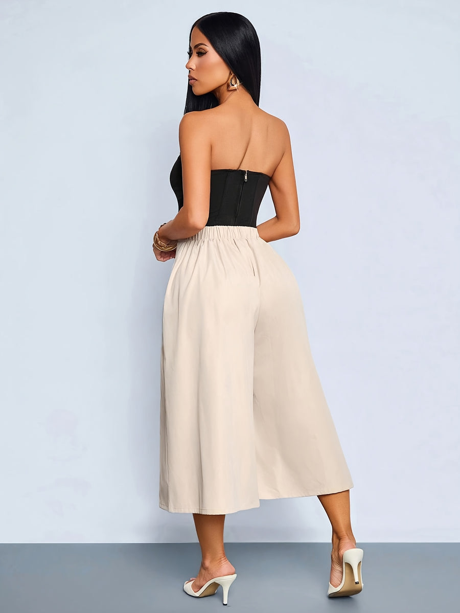 Women's High-Waist Culottes with Pockets, Pleated Wide-Leg Shorts, Casual Fashion Summer Work Pants, Serene Luxury Culottes with Pockets, High-Waist Pleated Wide-Leg Shorts - Apricot