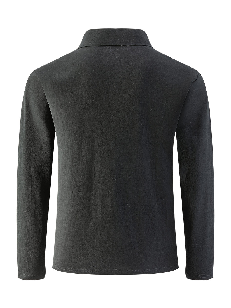 Men's Linen Long Sleeve Polo Shirt, Henley Button Placket Collared Top with Chest Pocket, Lightweight Breathable Casual Shirt for Daily Beach Vacation Wea - Black