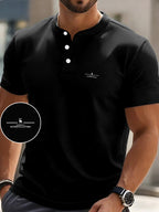 Men's Summer Short-Sleeve Henry (Button-Front Henry) T-Shirt - Breathable Stand Collar, Casual Button- Shirt for Outdoor & Casual Attire, Machine Washable Summer Clothing Suitable for Casual, Office & Semi-Formal Occasions - Black