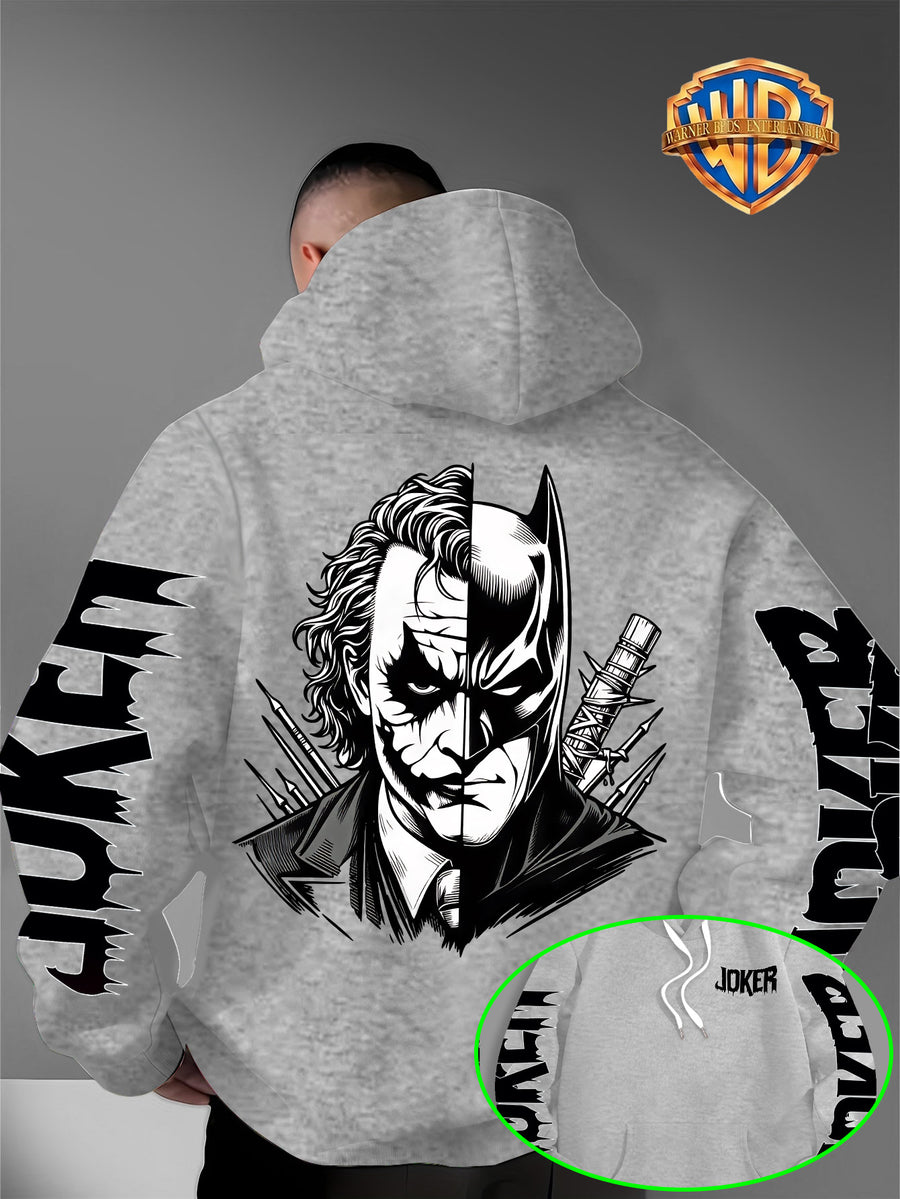 Men'S Warner DC Comics Enthusiast Autumn Winter Hooded Sweatshirt, Batman Joker Half-And-Half Black White Sketch Double-Sided Print Loose Casual Hoodie, Suitable for Superhero Fans, Campus Daily Outings, Casual Shopping - Light Grey