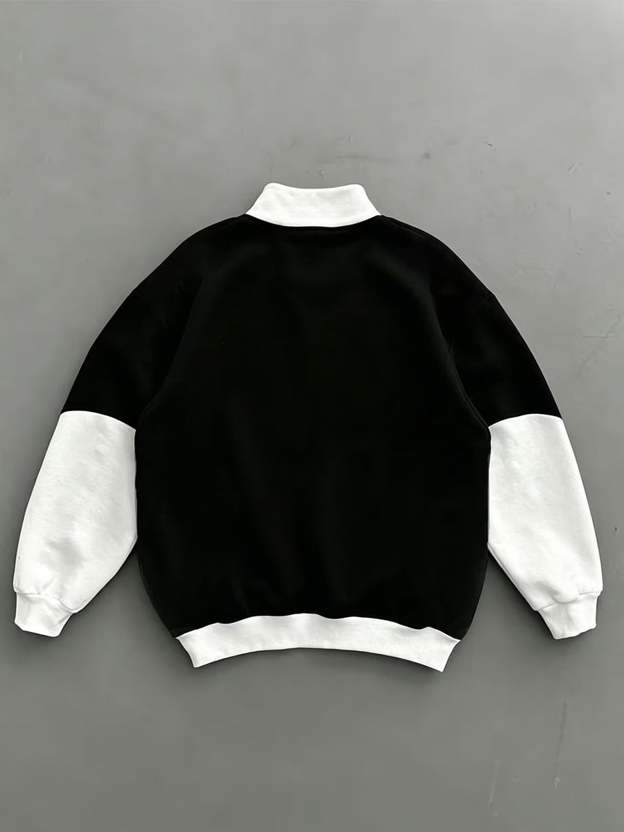 Men'S Individual Multi-Pattern Geometric Print Stand-Collar Sweatshirt, Black And White Contrast Color Patchwork Design, Quarter-Zip with Stand-Collar, Milan Element Sweatshirt - Black