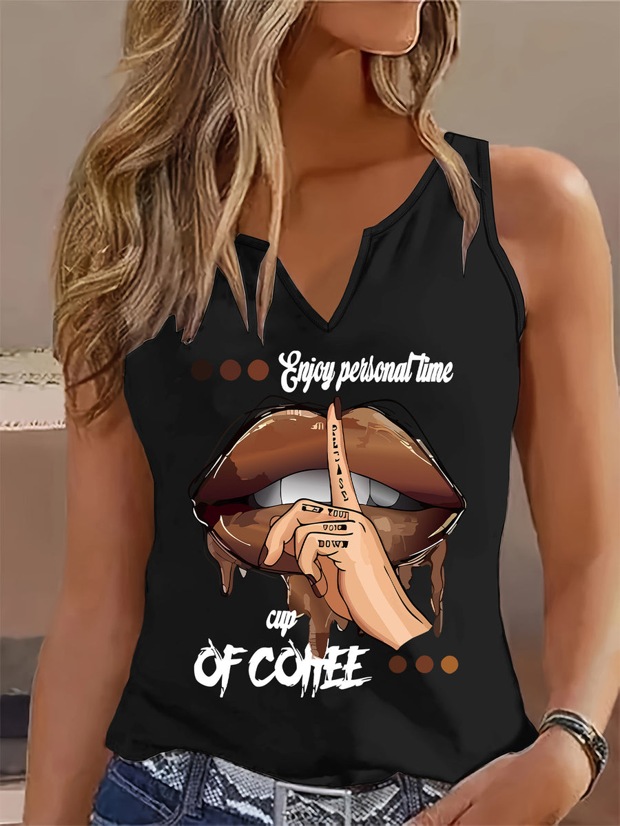 Graphic Print Tank Top, Sleeveless Casual Top for Summer & Spring, Women's Clothing - Black