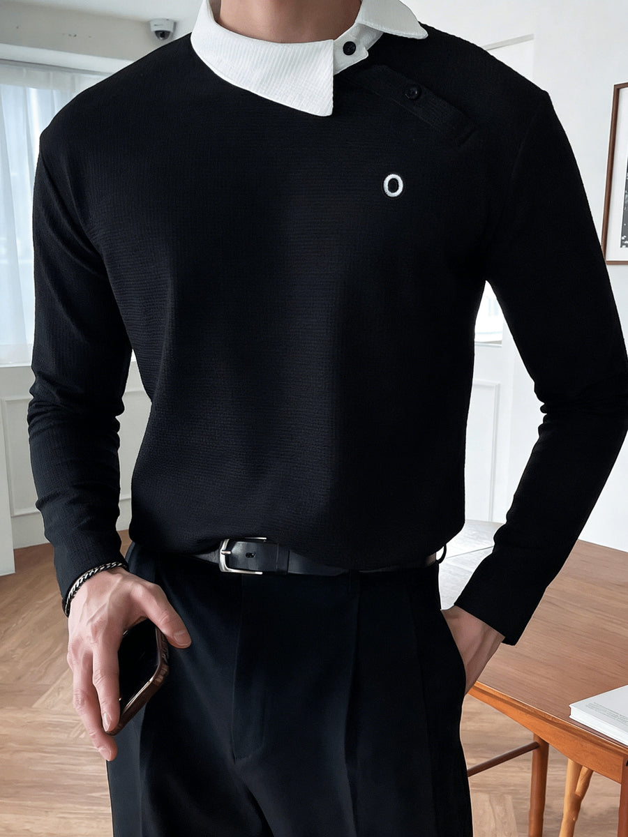 Men's Spring/Autumn Long Sleeve Thin Sweatshirt, Waffle Knit Color Block Slant Collar Long Sleeve Polo Shirt with Small Logo Embroidery, Casual Commuter Top - Black