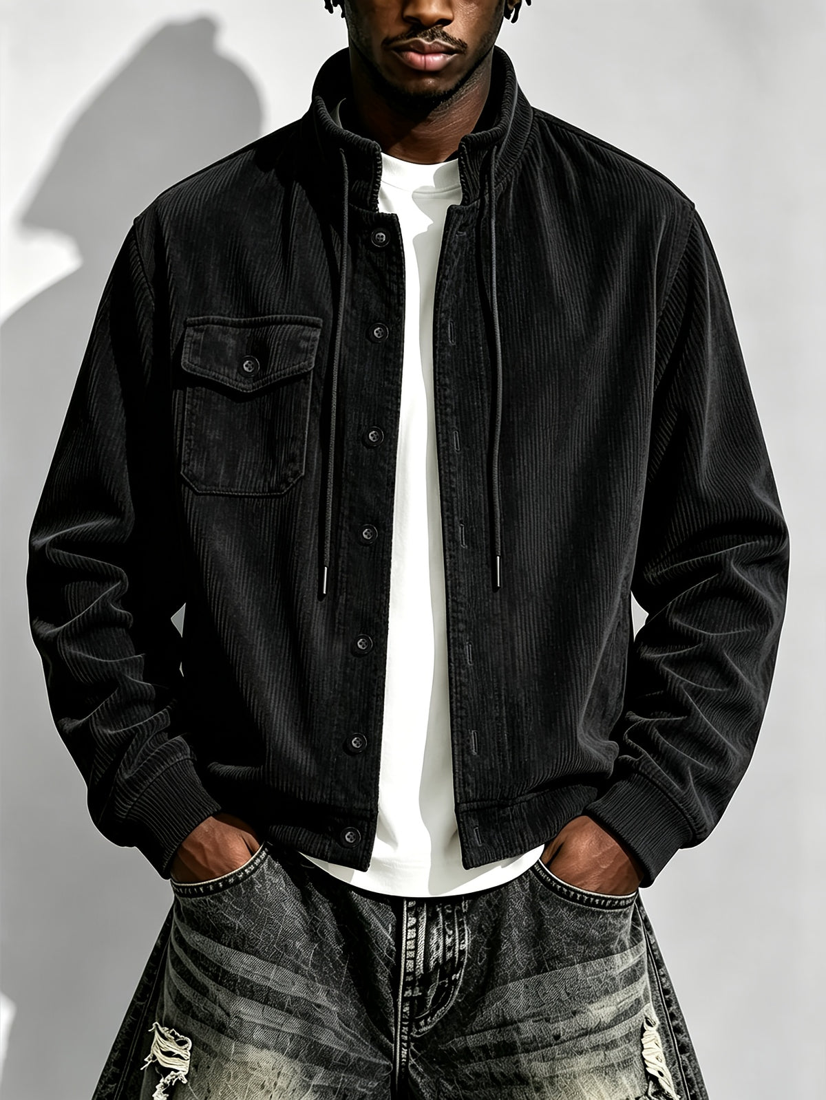 New Autumn/Winter Single-pc Men's Black Corduroy Stand Collar Jacket with Button Front Placket, Stand Collar, Drawstring Chest, and Cargo Pockets. Vintage Workwear Street Style, Loose Fit for Daily Outings, Layering, Casual, and Commuting - Black