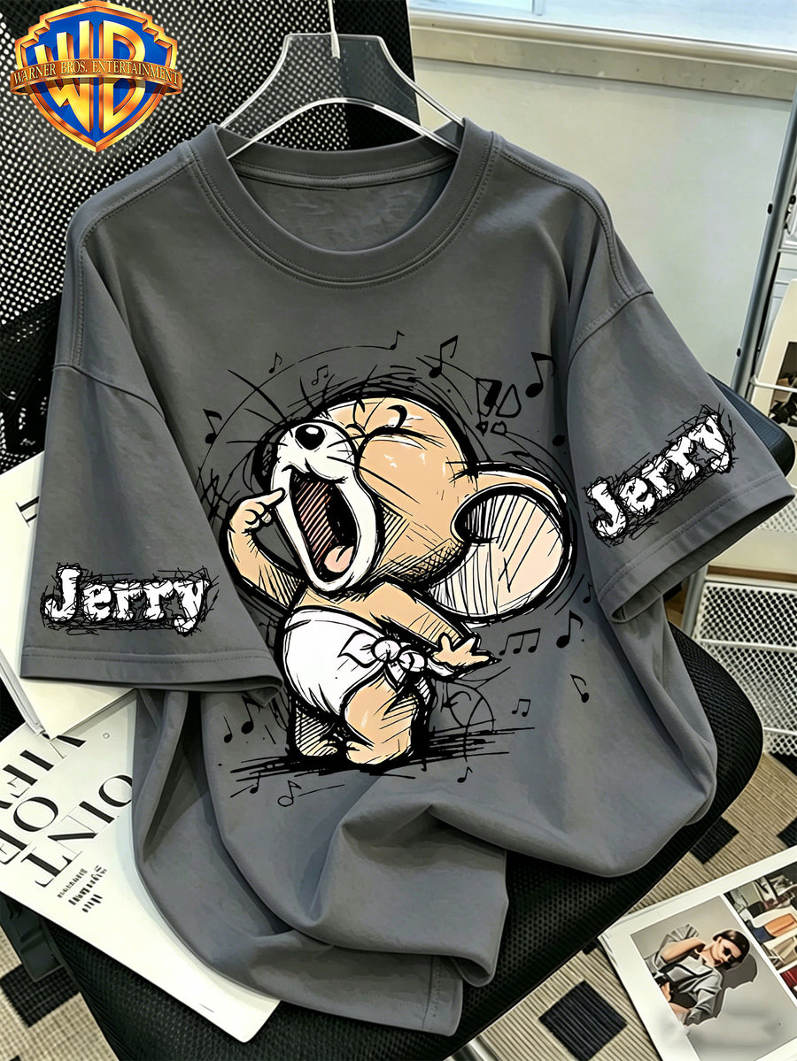 Warner Bros. Official Classic Character Music Singing Mouse Print T-Shirt, Men'S 100% Casual Comfortable Multi-Functional Loose Summer Short Sleeve T-Shirt, Suitable for Outdoor Wear - Grey