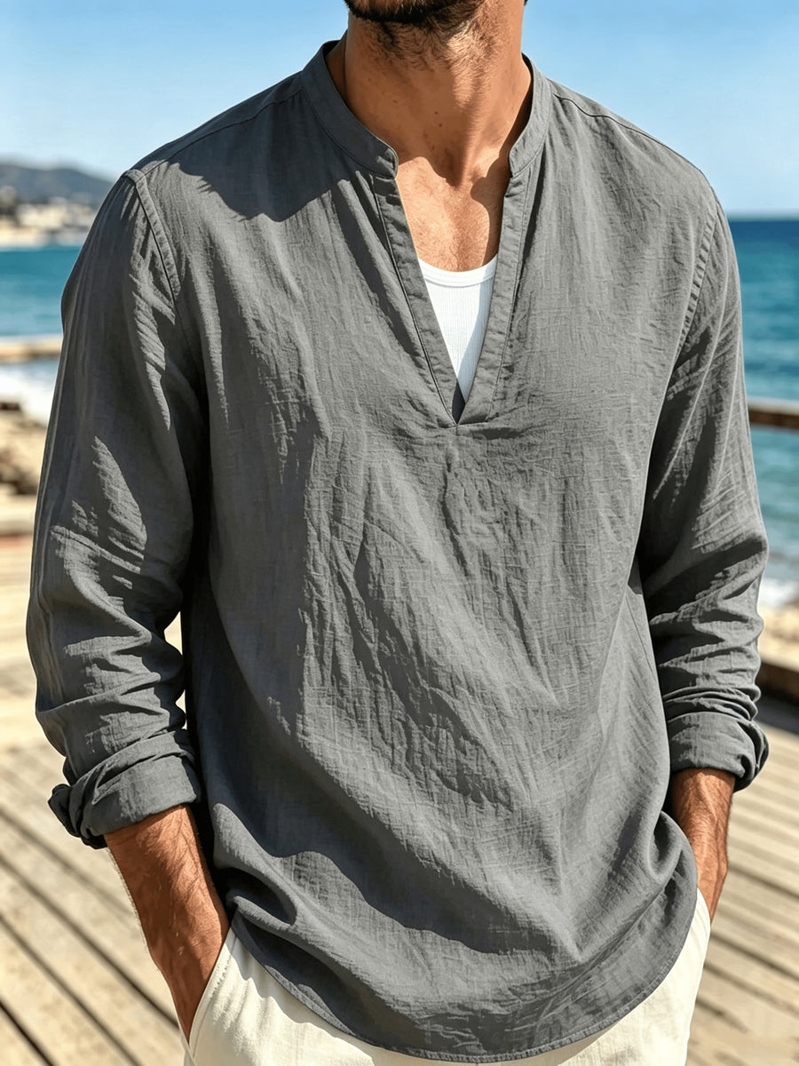 Men's Stand-Up V-Neck Half-Open Placket Linen Long-Sleeve Shirt, Solid Color Basic Style, Suitable for Beach Vacations, Daily Outings, and Casual Gatherings, Can Be Worn Alone or as an Inner Shirt - Grey