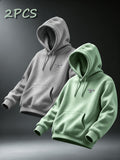 [Villa Le Water OBM] 2pcs Set MILANO Print Hooded Sweatshirt Men'S Loose Casual All-Match Pullover Long-Sleeve Hoodie - Light Grey+Light Green