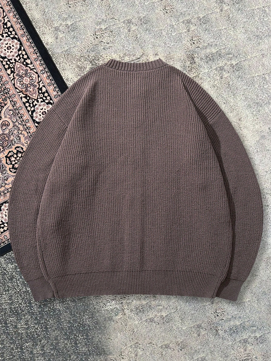 Autumn Winter 26 New Solid Color Round Neck Retro Thick Texture Sense Cardigan Unisex Outerwear Long Sleeve Sweater Khaki Short Length Open Front Jacket - Khaki