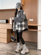 Jacquard Patchwork Plaid Shirt Casual Jacket for Women - Grey