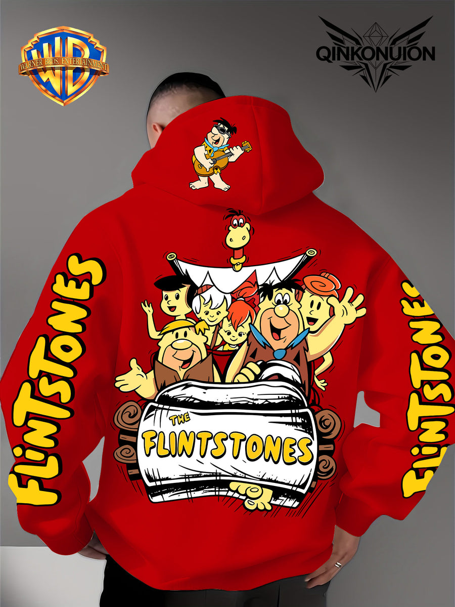 Warner Official Men's Hoodie, Stone Age Family Travel Happy Nostalgic Print Design, Machine Washable, Warm and Casual for Autumn and Winter Daily Drawstring Hoodie, Multi Functional Sports and Leisure Loose Fit - Red