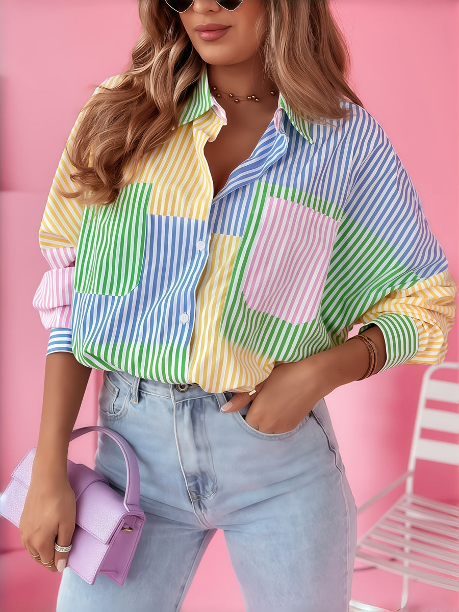 Women'S Multicolor Printed Striped Casual Fashion Shirt, Blue, Green, Pink And Yellow Multicolor Contrast Beautiful Shirt, Suitable for Party, Commute And Vacation Long Sleeve Spring Summer Shirt, Daily Open Front Top [Niannian] - Mixed colors