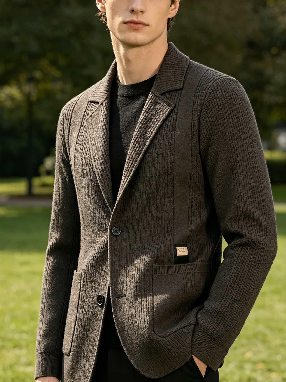 1 Men's Knitted Suit Lapel Jacket, Suitable for Light Business Wear and Daily Work, Ideal as a Gift - Coffee Color
