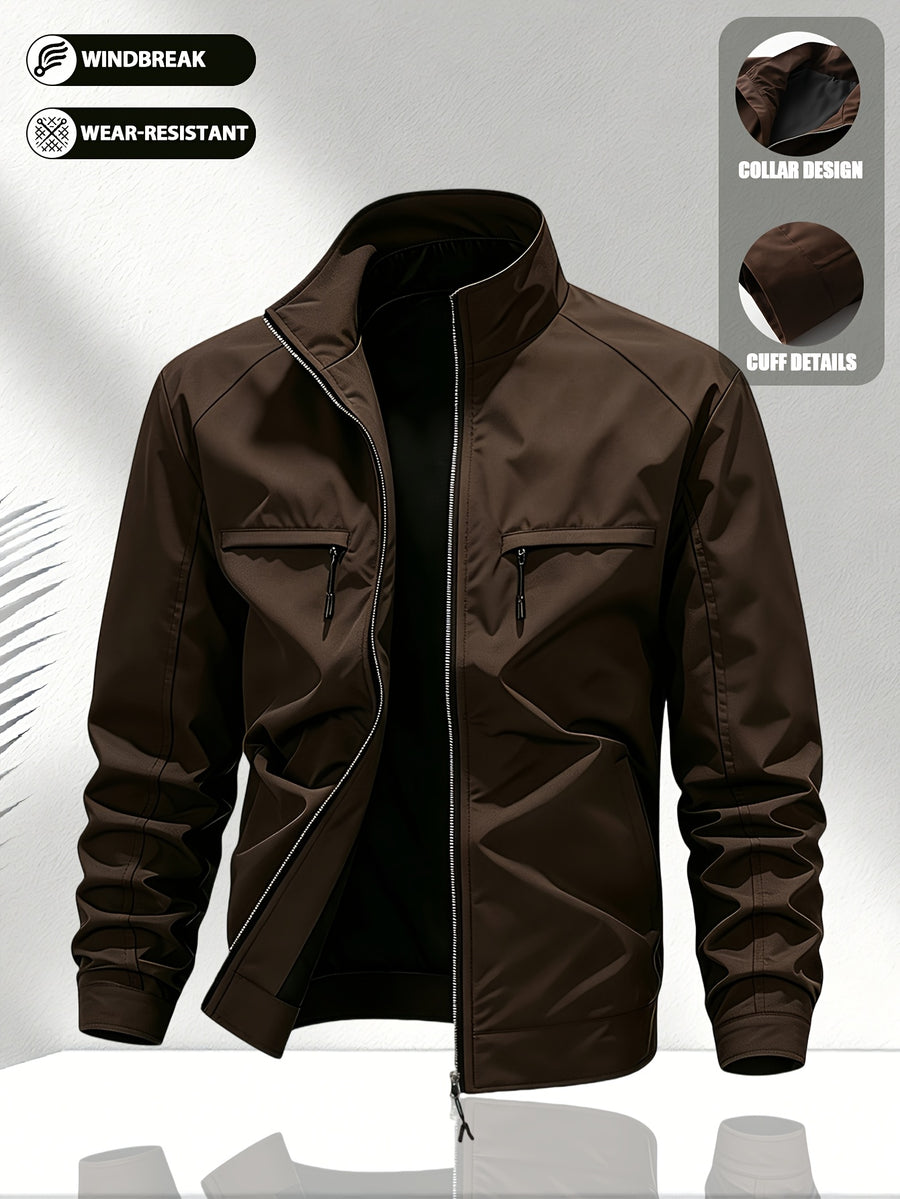 Men'S Solid Color Stand-Collar Jacket, Street Casual Campus Outing Style, Lightweight Windproof Practical Fabric, Minimalist All-Match Cargo Style, Spring/Autumn Standard Fit - 637 - Coffee Color