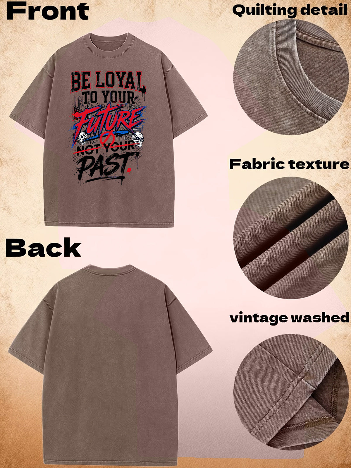 American-Style Washed Vintage Skull Graphic T-Shirt, Dark High Street Fashion Short Sleeves, Loose Fit with Motivational Slogans for Men - Brown