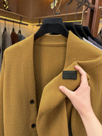 1pc Spring Autumn Men'S V-Neck Cardigan Knit Jacket Single Fake Button Cardigan Sweater Easy All-Match Casual Outerwear Knit Top - ginger-colored