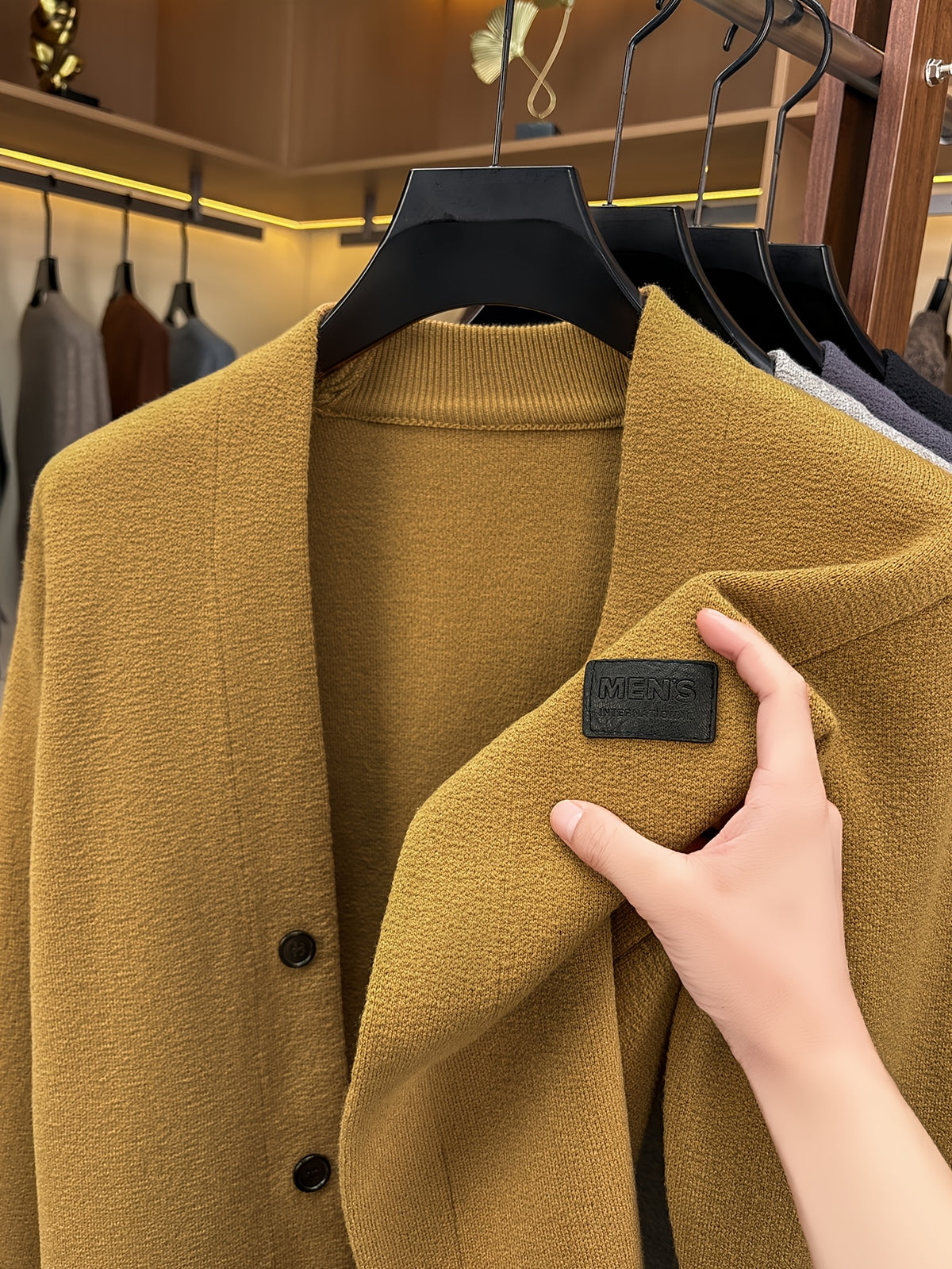1pc Spring Autumn Men'S V-Neck Cardigan Knit Jacket Single Fake Button Cardigan Sweater Easy All-Match Casual Outerwear Knit Top - ginger-colored