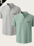 2pcs Men'S Striped Henley Shirt Set, PARIS Chest Print Short Sleeve Shirt, Lightweight Breathable Regular Fit, Suitable for Casual Wear, Travel, And Layering - White+Green