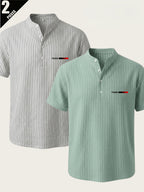 2pcs Men'S Striped Henley Shirt Set, PARIS Chest Print Short Sleeve Shirt, Lightweight Breathable Regular Fit, Suitable for Casual Wear, Travel, And Layering - White+Green
