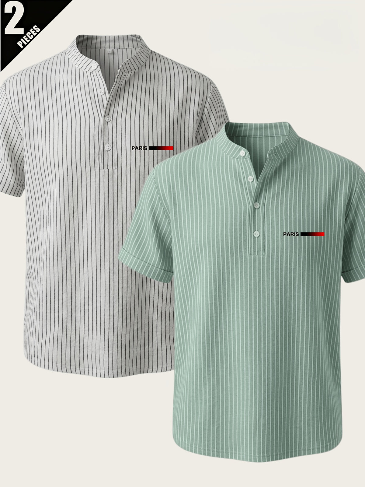 2pcs Men'S Striped Henley Shirt Set, PARIS Chest Print Short Sleeve Shirt, Lightweight Breathable Regular Fit, Suitable for Casual Wear, Travel, And Layering - White+Green