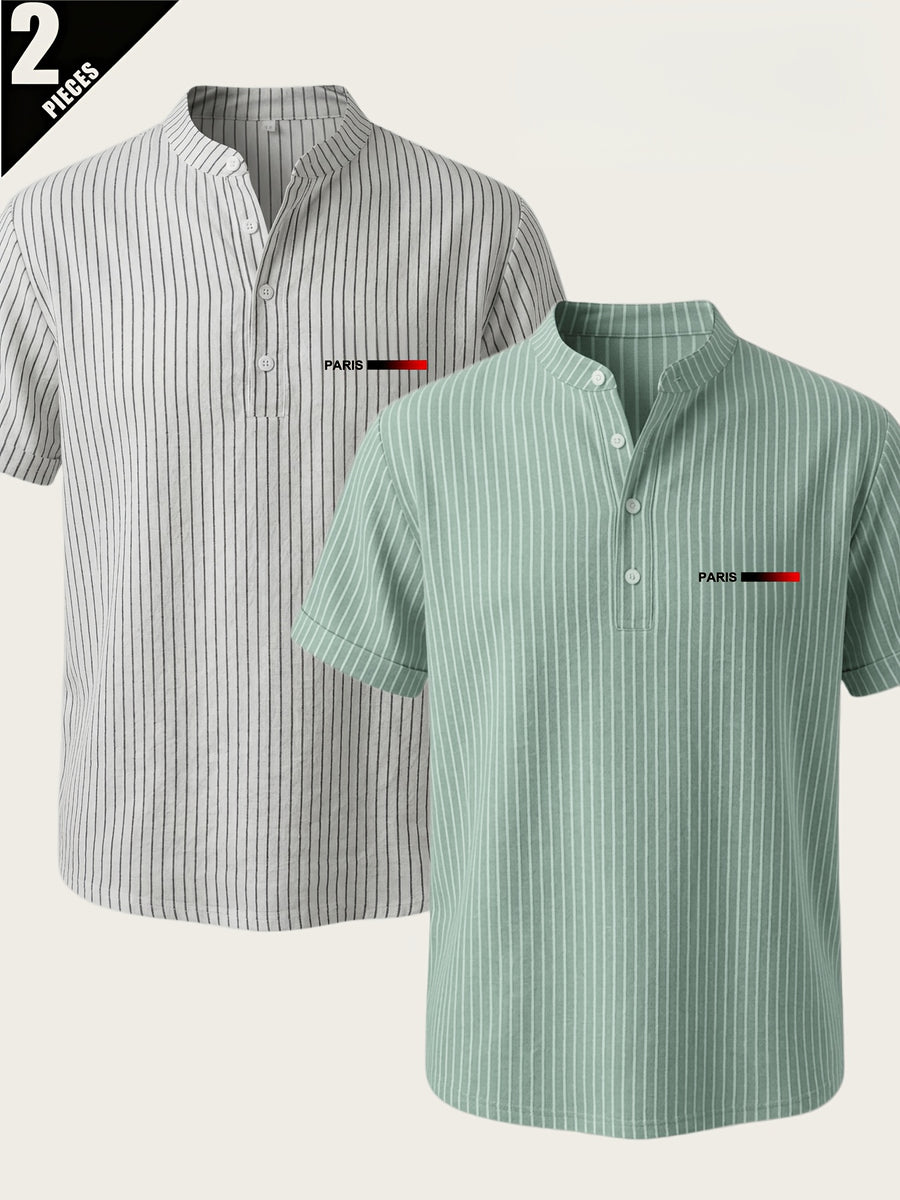 2pcs Men'S Striped Henley Shirt Set, PARIS Chest Print Short Sleeve Shirt, Lightweight Breathable Regular Fit, Suitable for Casual Wear, Travel, And Layering - White+Green