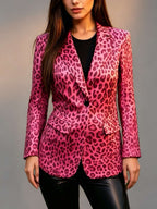 Leopard Print Single-breasted Slim-fit Suit Jacket, Long-sleeved Versatile Women's Blazer for Commuting and Casual Wear - Rose Red