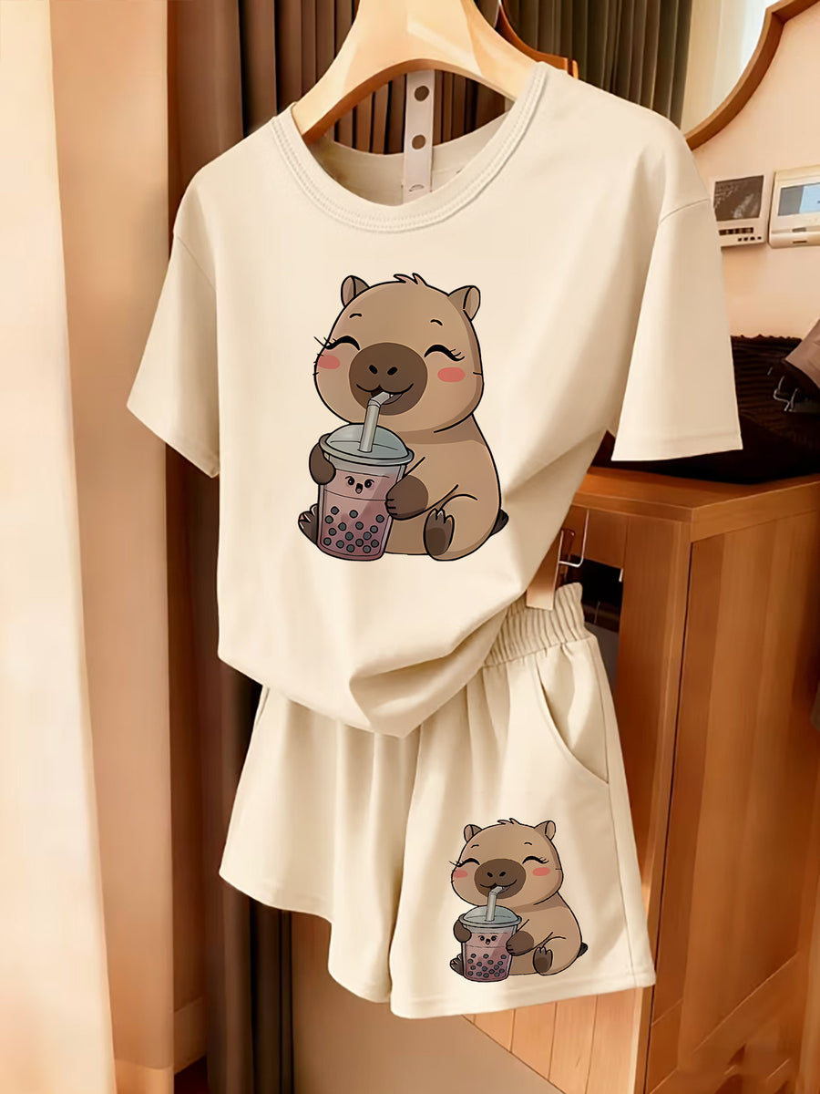 2pcs Women's Spring Summer Short Sleeve & Shorts Matching Outfit - Capybara Print Pajamas Gym Wear Sleepwear, Soft Breathable Pajamas, Valentine's Day Gift, Machine Washable 2pcs Set - Apricot + Apricot