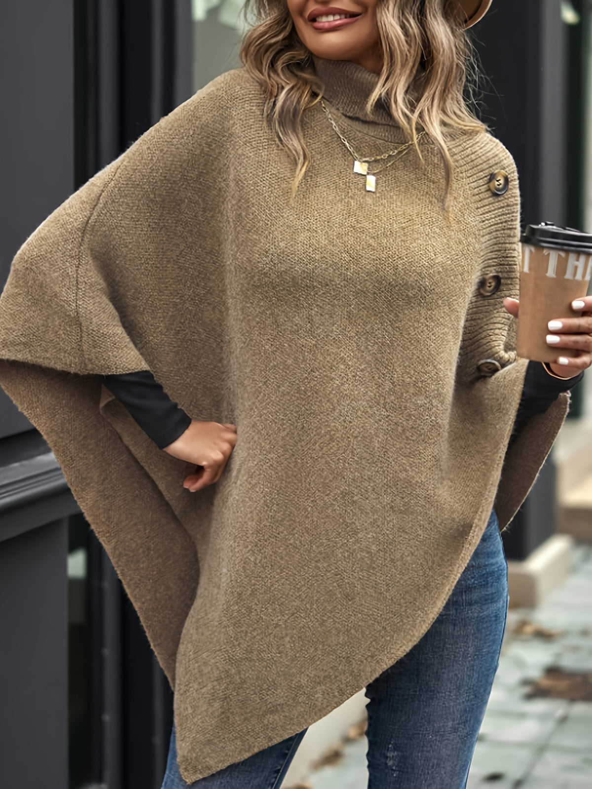 Elegant Special "Slim Fit Bust" 1 Elegant Women's Solid Color High-neck Shawl Pullover, Side Faux Button Decoration, Asymmetrical Design, 100% Polyester, Fashionable and Elegant Vintage Ethnic Style Pullover, Suitable for Spring, Autumn, and Winter - Khaki