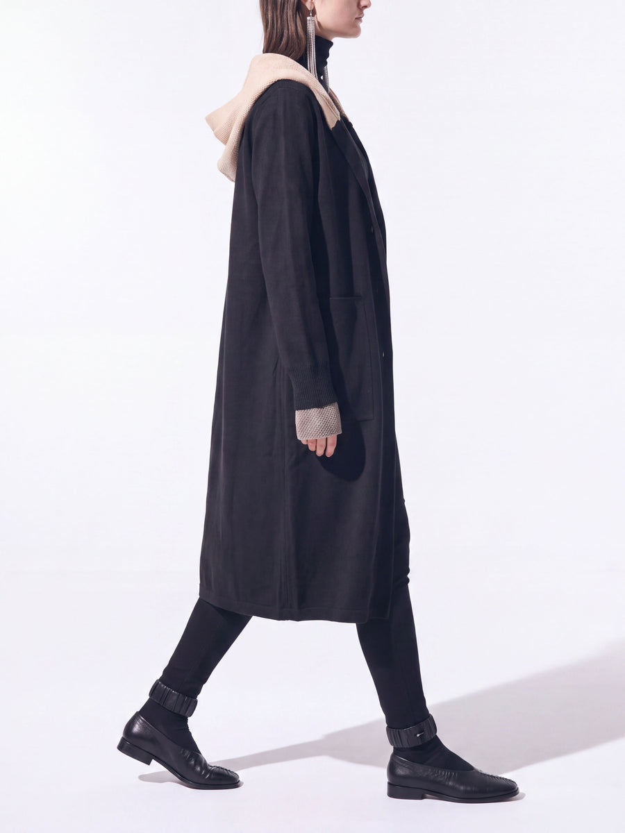 Black Color-Block Hooded Long Cardigan, Single Button Long Sleeve with Pocket Coat Jacket - Black