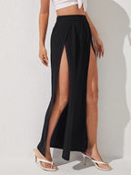 Women's High-Waist Skirt with Dual Slit Draped Design - Solid Color Stretchable Midi Skirt Suitable for Daily Commute, Dates, Parties, Machine Washable Spring Summer Fall Outfits, Non- Elastic Skirt for & Vacations - Black
