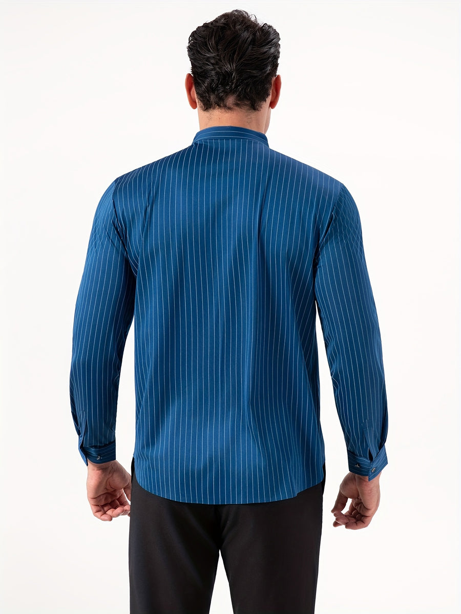 Seamless High-Elasticity Pressed Hem Wrinkle-Free Men's Long-Sleeve Striped Fashion Casual High-End Button-Up Cardigan Four-Way Stretch Men's Top, Fabric Weight 160g, Material 88% Polyester Fiber 12% Spandex - Peacock Blue Stripe