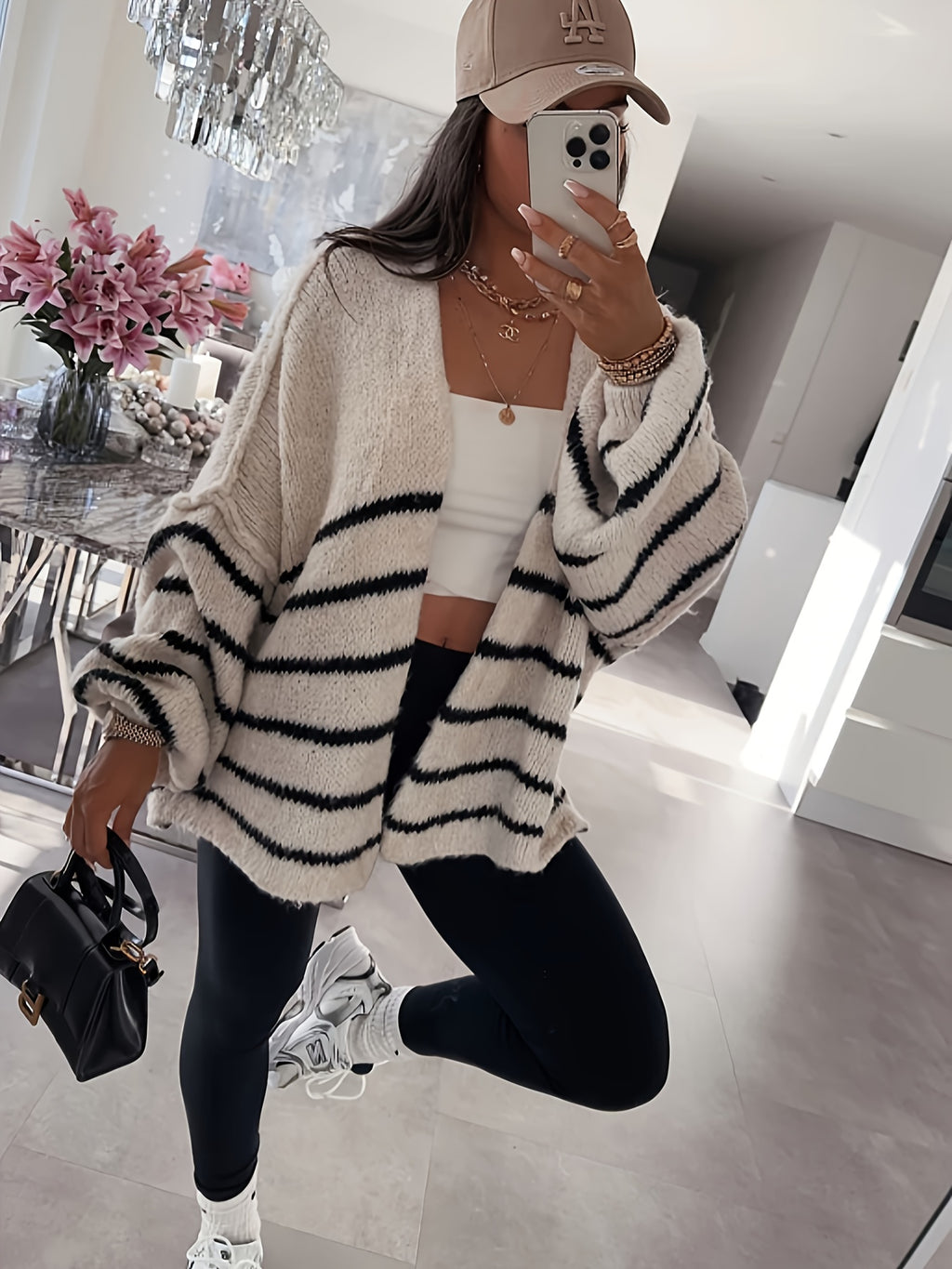 Autumn Winter Loose Lazy Style Soft Muted Contrast Black White Striped Casual Women'S Cardigan Coat - Mixed colors
