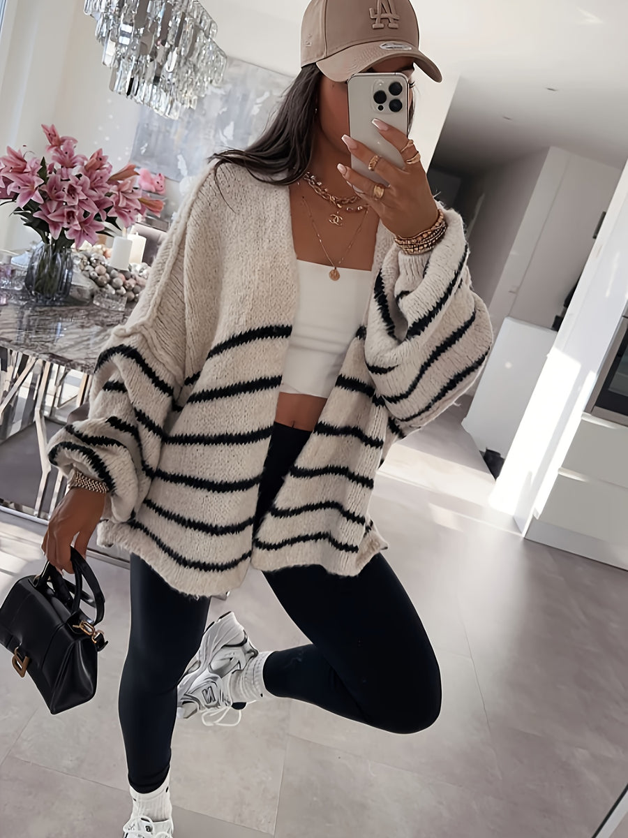Autumn Winter Loose Lazy Style Soft Muted Contrast Black White Striped Casual Women'S Cardigan Coat - Mixed colors