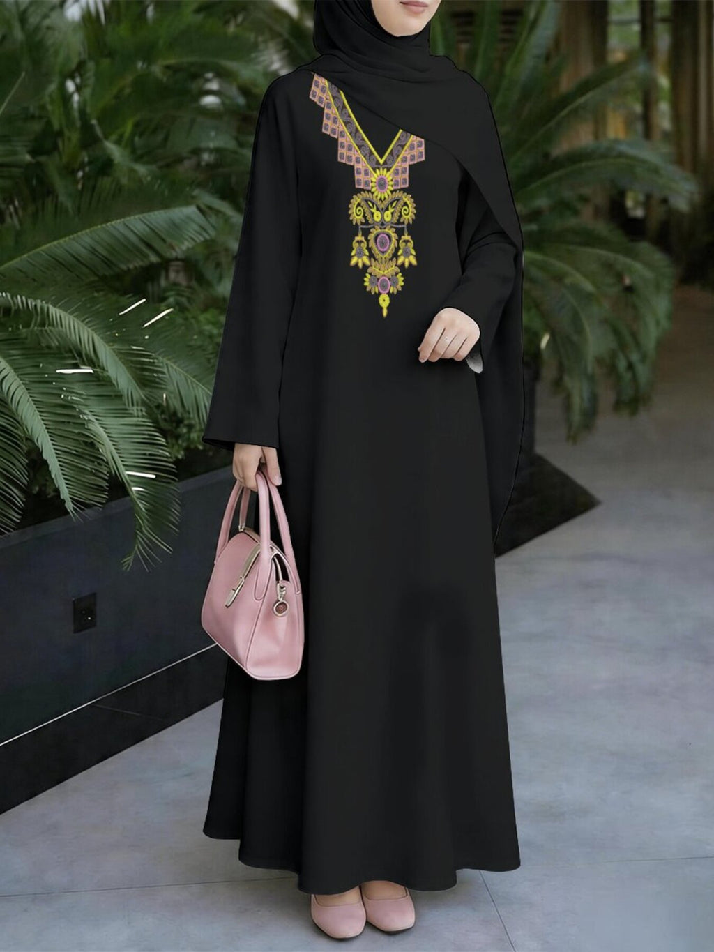 Black Exquisite Ethnic Style Printed Muslim Women'S Robe, Middle Eastern Dubai Temperament Long Dress, Loose And Flowing, Prayer Banquet Outdoor Multi-Scene Wear, Islamic Clothing, Headscarf Additions Not Included - Mixed colors