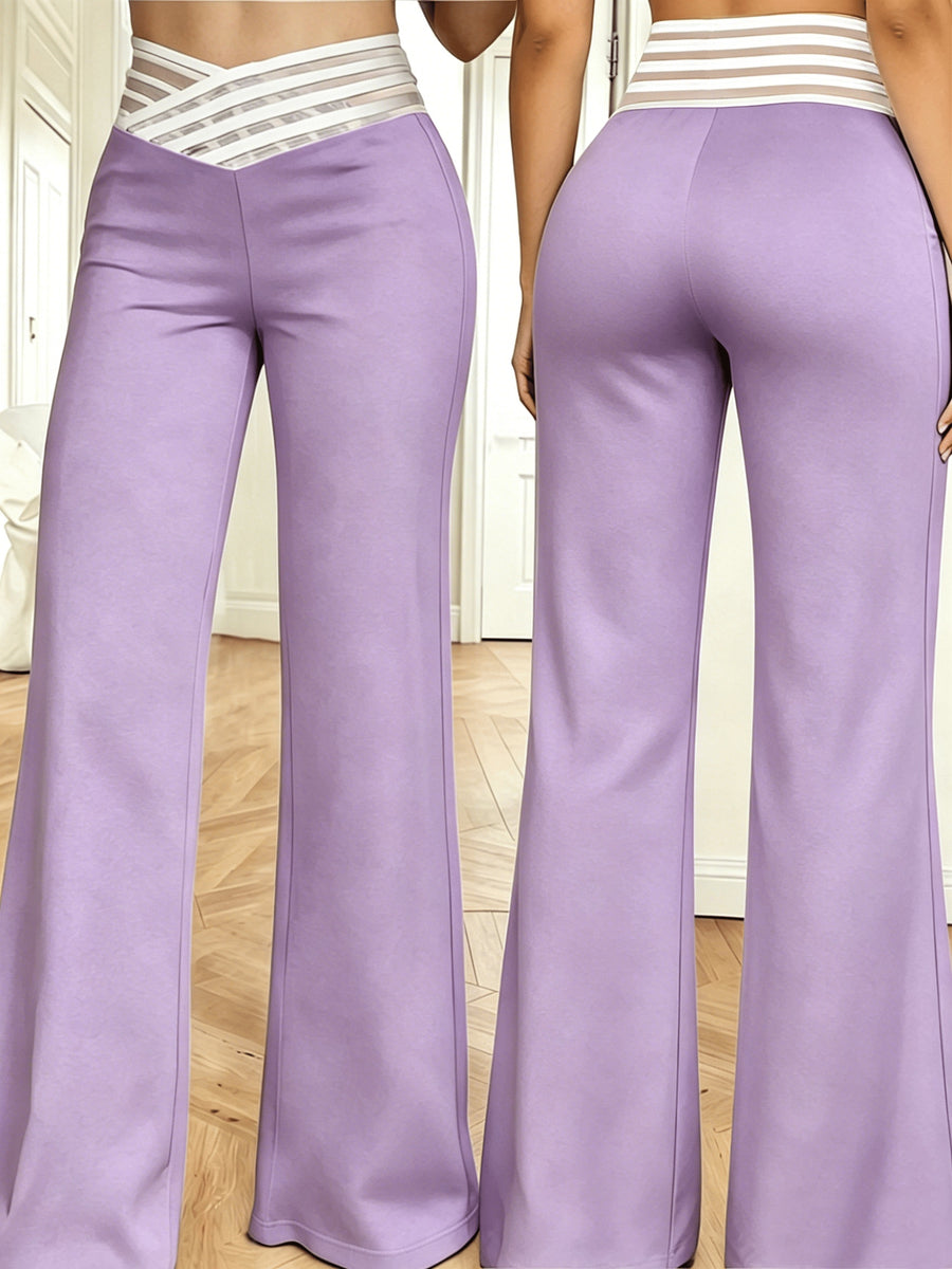 Women'S Crossed Waist Straight Leg Pants, Mesh Waistband Design, Solid Color Slightly Elastic Casual Trousers Suitable for Travel And Dates - Light Purple