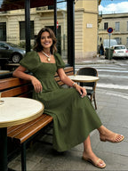 Women's Elegant Square Neck Puff Short-Sleeve Bridesmaid Dress - Shirred High-Waisted Waist-Cinching A-Line Midi Dress with Layered Hem, Suitable for Wedding Guest Dresses, Parties, Daily Wear & Vacation Outfits - Army Green