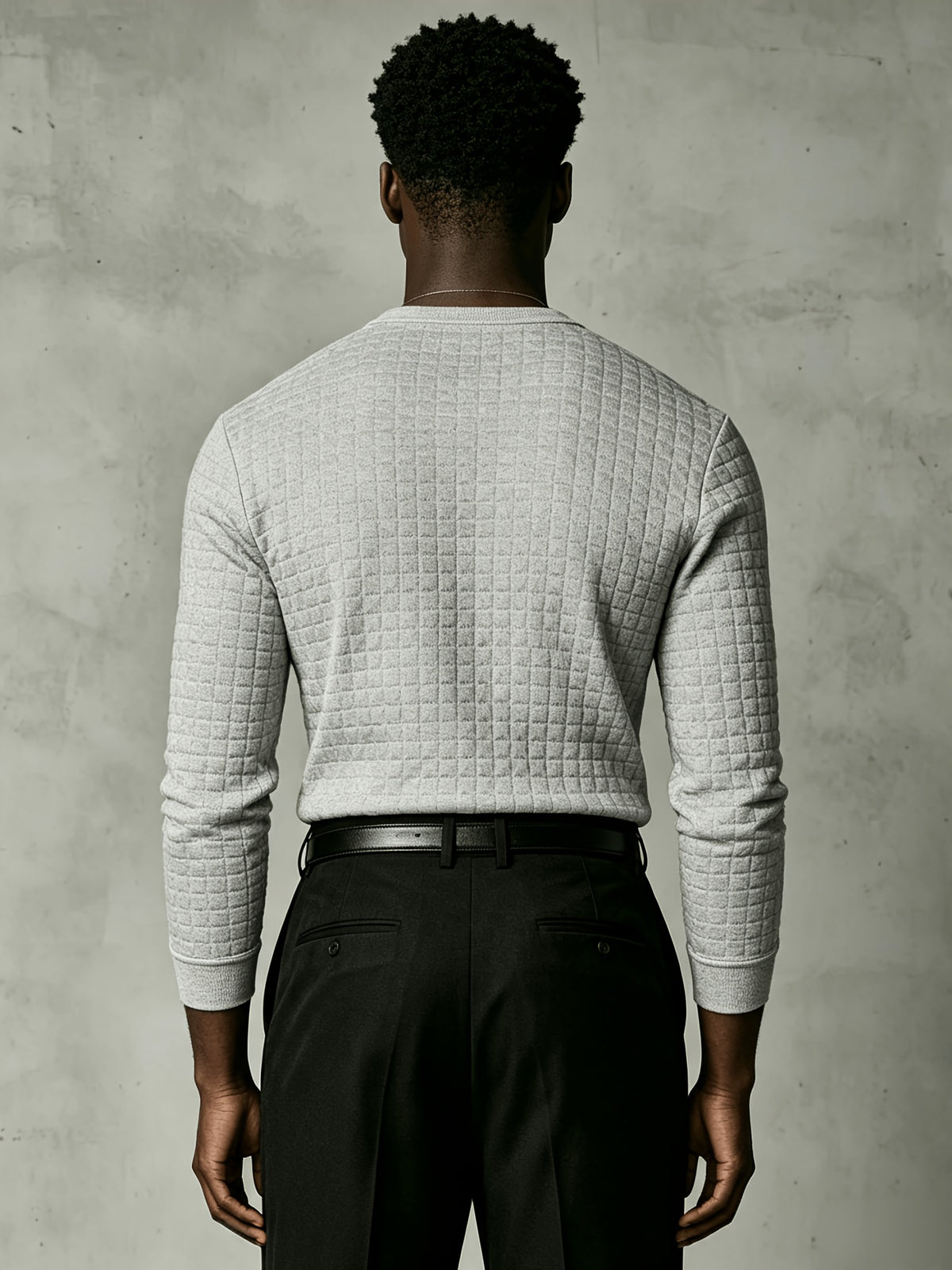 Joshmei OBM New Men's Checkered Embossed Texture Henley Long-Sleeve Shirt, Half-Button Placket Textured Minimalist Casual Top, Autumn/Winter Slim Fit for Daily Commute and Streetwear, Multiple Colors Available - Light Grey