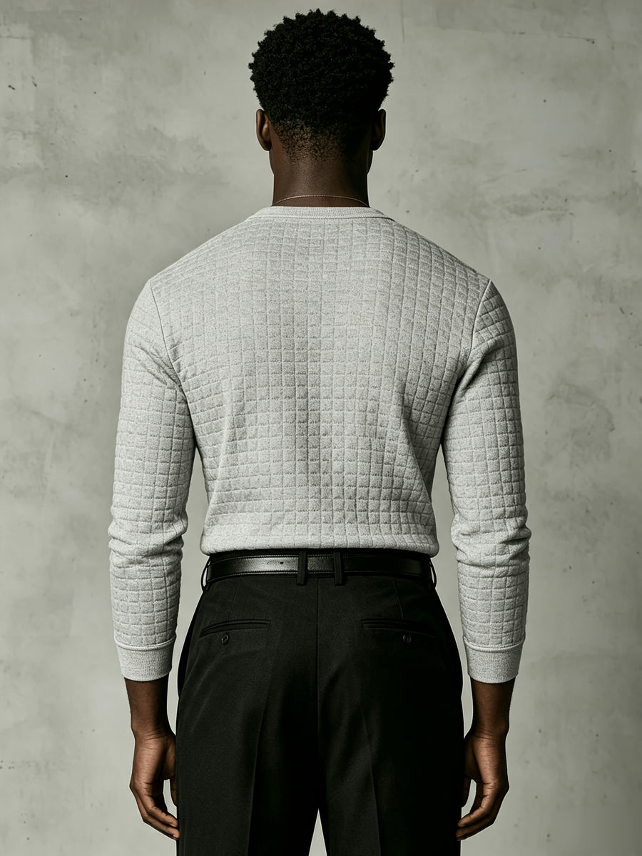 Joshmei OBM New Men's Checkered Embossed Texture Henley Long-Sleeve Shirt, Half-Button Placket Textured Minimalist Casual Top, Autumn/Winter Slim Fit for Daily Commute and Streetwear, Multiple Colors Available - Light Grey