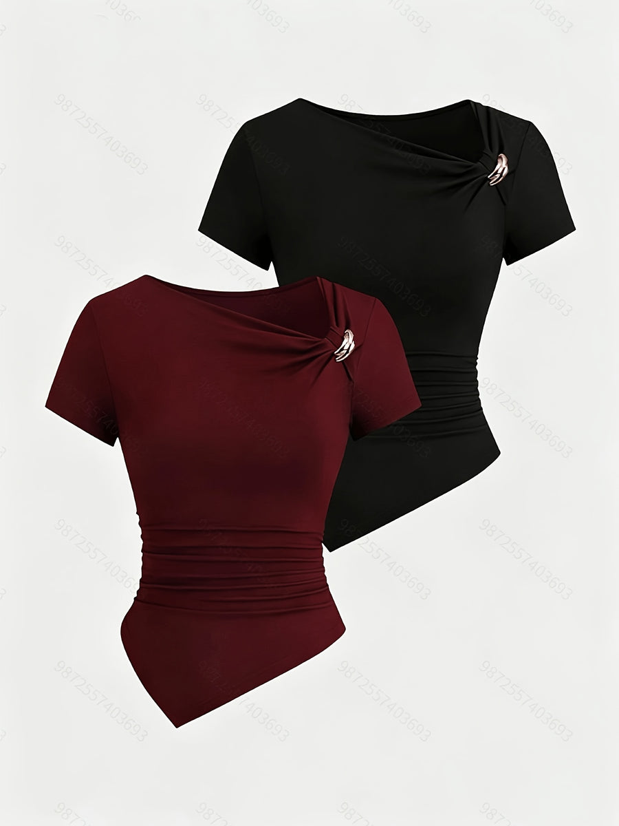Spring And Summer Women'S Casual Two-Piece Set Featuring a Easy And Stylish T-Shirt - Jujube Red + Black