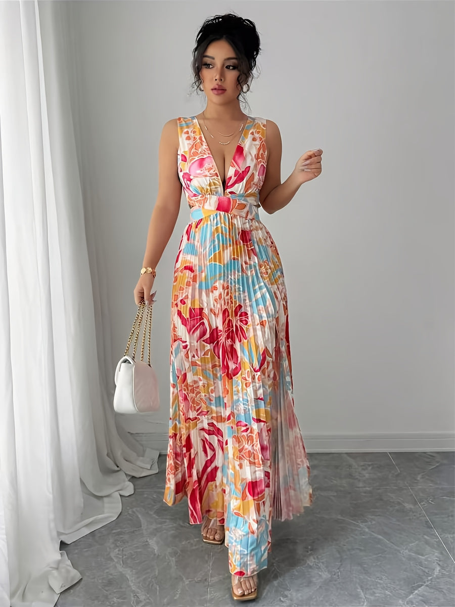 Exquisite Fashionable Party Attire Wedding Guest Graduation Birthday Evening Gown Women'S Elegant Floral Digital Print Pleated Split Design Sexy Deep V-Neck Backless Long-Length Dress Bridesmaid Dress Women'S - Red