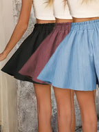 Women's 3pcs Wide-Leg Shorts, Summer Versatile Bud-Print Elastic Waist Casual Loose High-Waist Thin Shorts - Black + Magenta + Sky Blue