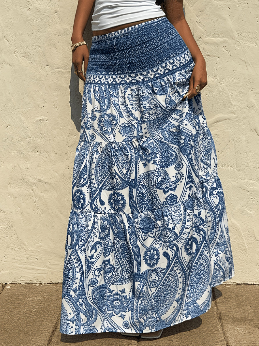 New Spring/Summer Bohemian Paisley Print High-Waist Skirt, Floor-Length Maxi Dress with a Loose Fit, Flattering Drop Waist, Elastic Waistband, Women's Casual Skirt - Blue