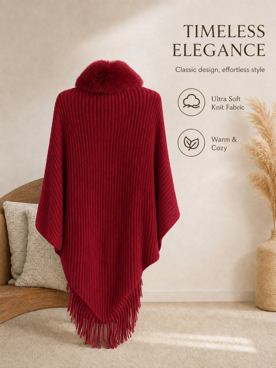 Women's Loose-fitting, Batwing-sleeve, Cape-style Cardigan; a Reversible Wrap with a Shawl Collar-a Stylish Piece for Casual Attire and a Great Gift for Autumn and Winter. - Deep Red