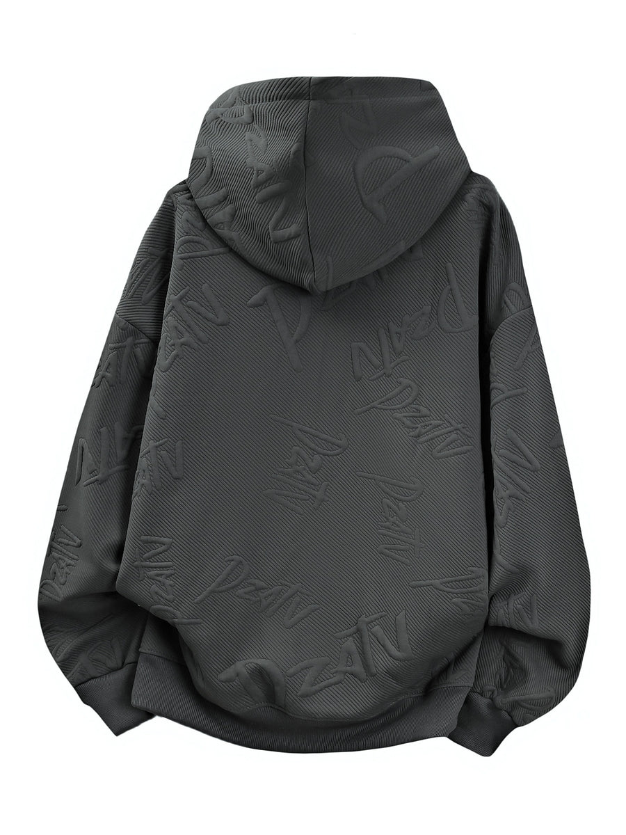 Men'S Jacquard 3D Letter Hooded Sweatshirt Solid Texture Oversized Drop Shoulder Pullover Casual Street Style Drawstring Kangaroo Pocket Daily Top - Dark Gray