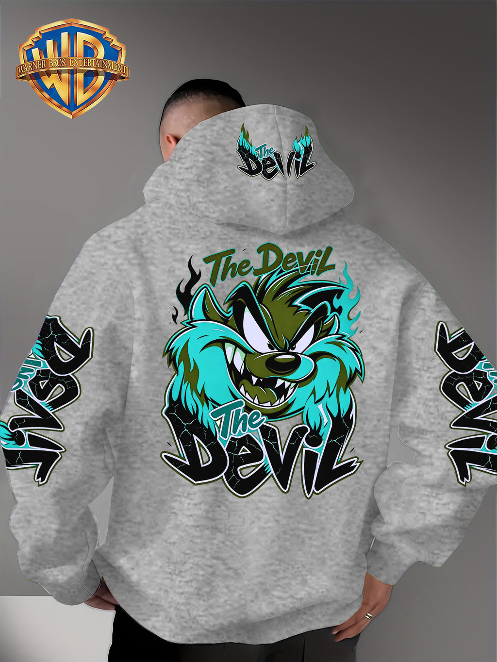 Le Yitong Big Mouth Monster The Devil Flame Print Hoodie, with Sleeve Print Design, Kangaroo Pouch And Drawstring Hood, Suitable for Autumn/Winter Casual Wear And Outdoor Activities - Grey